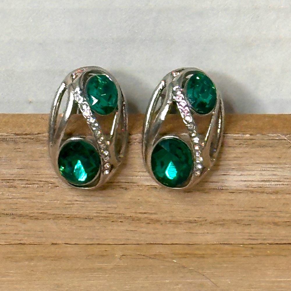 Elegant Clip-On Earrings with Dark Green Gems